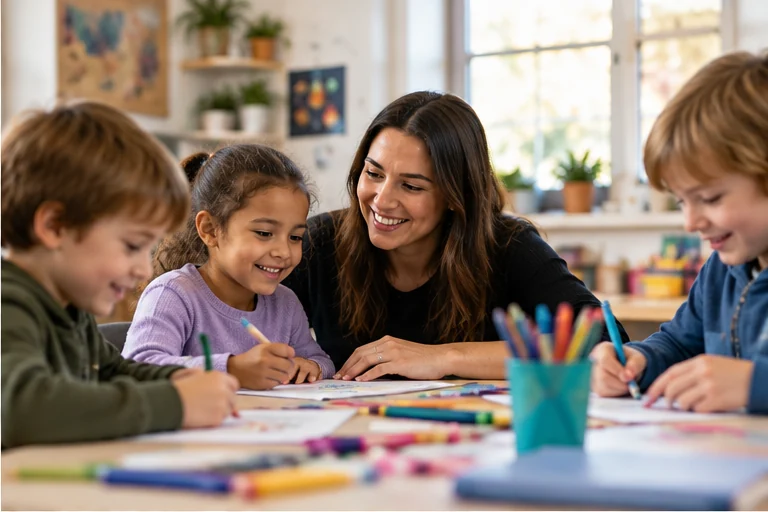 Illustrative smiling school-age children working on a creative activity with a supportive adult