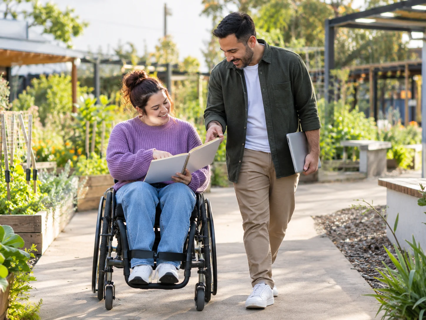 Illustrative woman using a wheelchair and support person discussing community participation in an outdoor garden