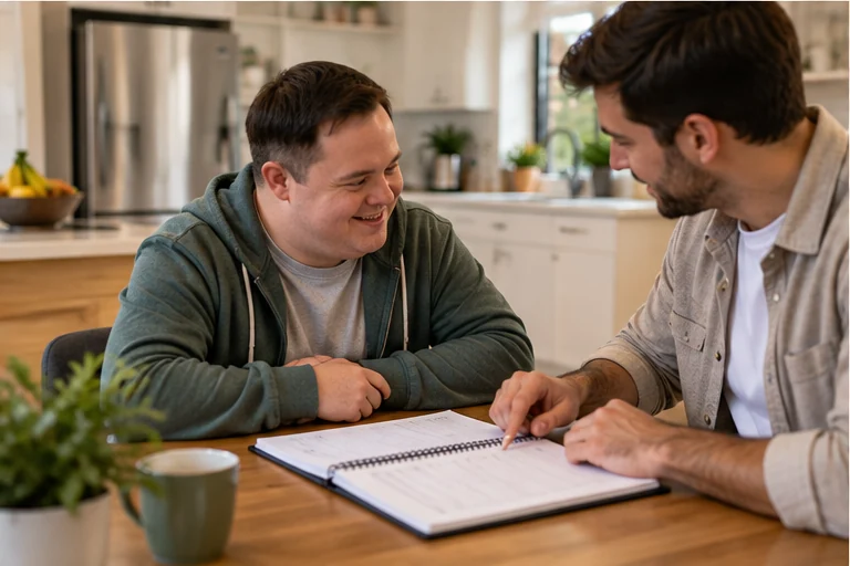 Illustrative adult and support professional discussing a personal goal plan at a kitchen table
