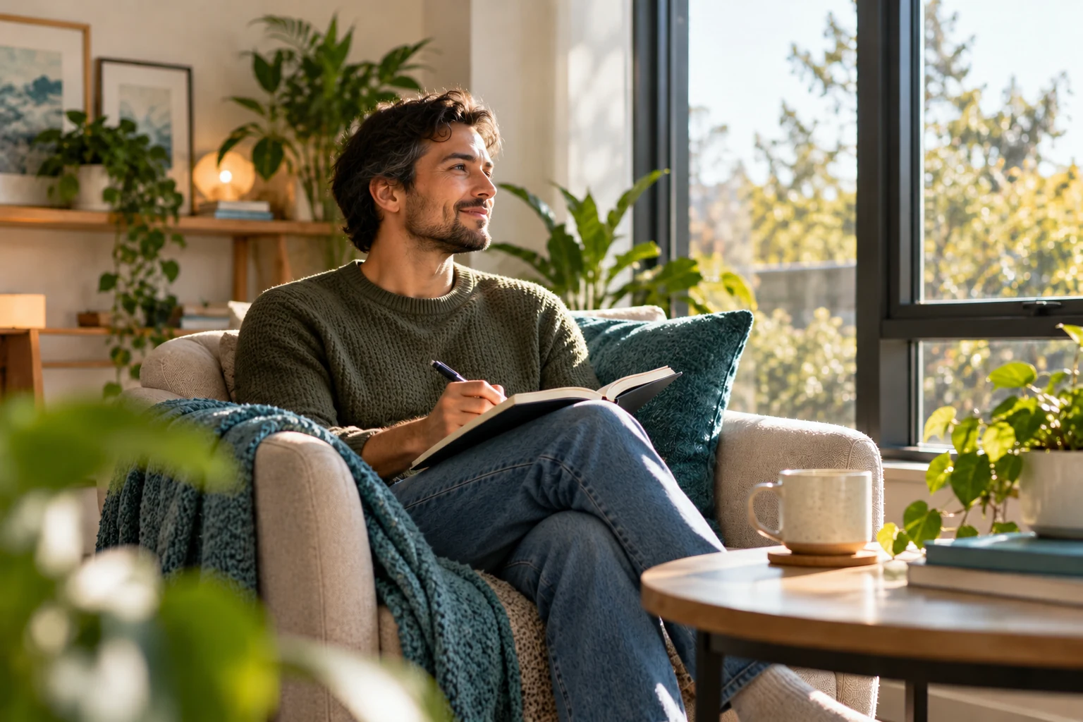 Illustrative adult man reflecting and journaling at home by a bright window, showing how practical wellbeing strategies can fit everyday life
